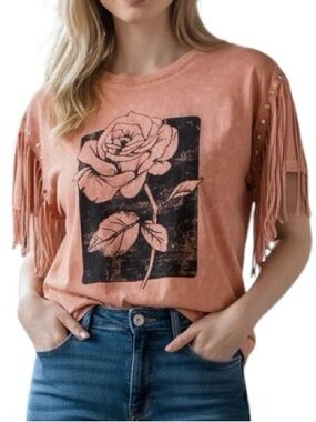 Social Scene Fringed Rose Graphic Cotton Tee in Terracotta